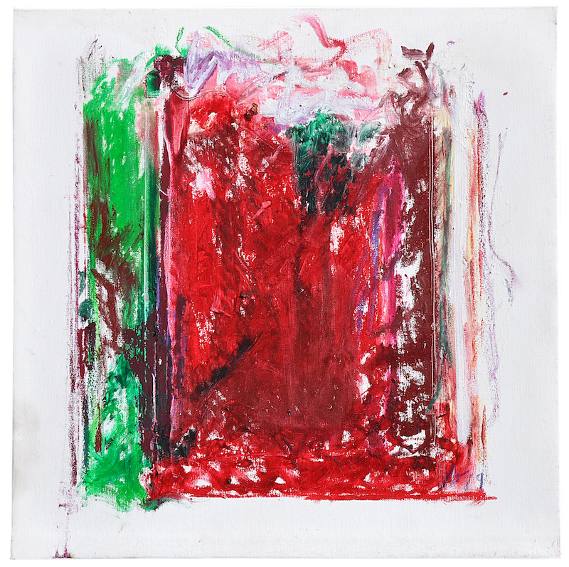 Raymonde Godin, Grandeur nature : Raymonde Godin, Rouge, crayon à huile sur toile, 40x40 cm, 2019